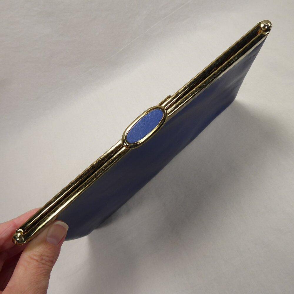 Vintage 50s 60s ETRA Navy Blue Leather Clutch Purse Evening Bag Gold Chain Strap - Picture 5 of 11